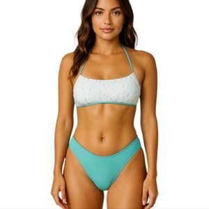NWT L'PORT Reversible Bikini Set Size Large Tropical Teal & White Confetti Print